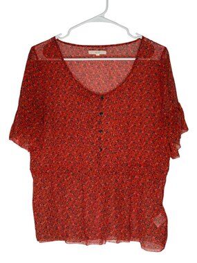 Eliot Red Ditsy Floral Print 100% Silk Sheer Blouse Size Medium